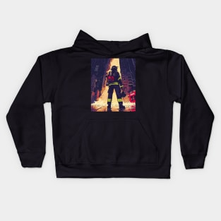 Fire - Anime firefighter fireman in a rainy city Kids Hoodie